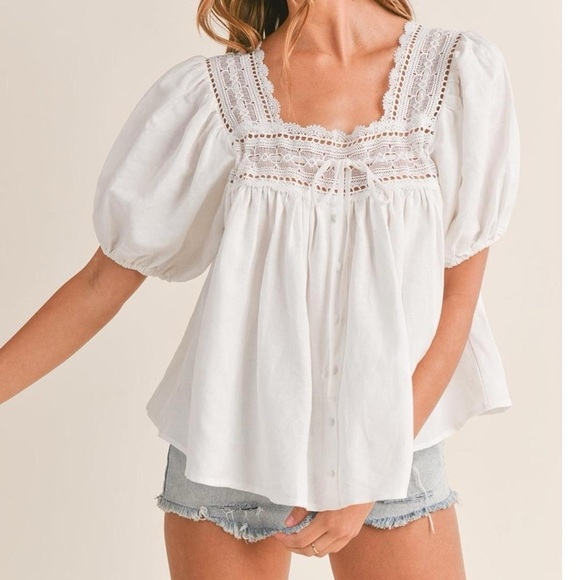 ✨SOLD✨ NWT Petal & Pup Linen Square Neck Lace Puff Sleeve Blouse in White - S - Picture 5 of 8